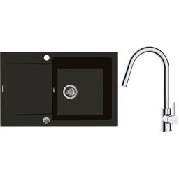 Zestaw Oltens Gravan zlewozmywak granitowy 1-komorowy 79x50 cm z baterią kuchenną Litla czarny mat/chrom (72100300, 35204100)