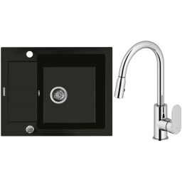 Zestaw Oltens Gravan zlewozmywak granitowy 1-komorowy 62x50 cm z baterią kuchenną Lista czarny mat/chrom (72102300, 35202100)