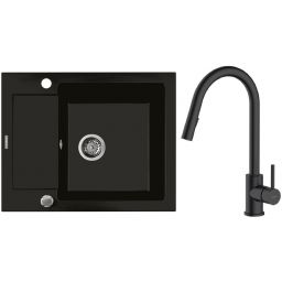 Zestaw Oltens Gravan zlewozmywak granitowy 1-komorowy 62x50 cm z baterią kuchenną Litla czarny mat (72102300, 35204300)