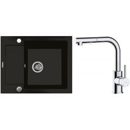 Zestaw Oltens Gravan zlewozmywak granitowy 1-komorowy 62x50 cm z baterią kuchenną Myvat czarny mat/chrom (72102300, 35205100)