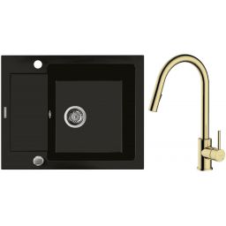 Zestaw Oltens Gravan zlewozmywak granitowy 1-komorowy 62x50 cm z baterią kuchenną Litla czarny mat/złoty połysk (72102300, 35204800)