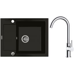 Zestaw Oltens Gravan zlewozmywak granitowy 1-komorowy 62x50 cm z baterią kuchenną Skafta czarny mat/chrom (72102300, 35206100)