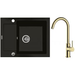 Zestaw Oltens Gravan zlewozmywak granitowy 1-komorowy 62x50 cm z baterią kuchenną Skafta czarny mat/złoty połysk (72102300, 35206800)