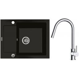 Zestaw Oltens Gravan zlewozmywak granitowy 1-komorowy 62x50 cm z baterią kuchenną Litla czarny mat/chrom (72102300, 35204100)