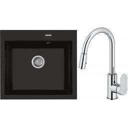 Zestaw Oltens Gravan zlewozmywak granitowy 1-komorowy 57x51,5 cm z baterią kuchenną Lista czarny mat/chrom (72000300, 35202100)