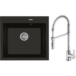 Zestaw Oltens Gravan zlewozmywak granitowy 1-komorowy 57x51,5 cm z baterią kuchenną Duf czarny mat/chrom (72000300, 35203100)