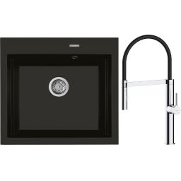 Zestaw Oltens Gravan zlewozmywak granitowy 1-komorowy 57x51,5 cm z baterią kuchenną Broga czarny mat/chrom (72000300, 35207100)