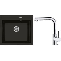 Zestaw Oltens Gravan zlewozmywak granitowy 1-komorowy 57x51,5 cm z baterią kuchenną Myvat czarny mat/chrom (72000300, 35205100)