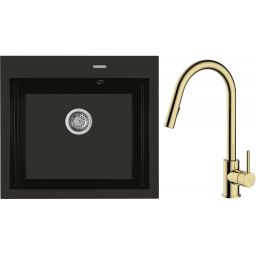 Zestaw Oltens Gravan zlewozmywak granitowy 1-komorowy 57x51,5 cm z baterią kuchenną Litla czarny mat/złoty połysk (72000300, 35204800)