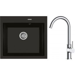 Zestaw Oltens Gravan zlewozmywak granitowy 1-komorowy 57x51,5 cm z baterią kuchenną Skafta czarny mat/chrom (72000300, 35206100)