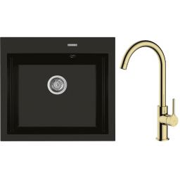 Zestaw Oltens Gravan zlewozmywak granitowy 1-komorowy 57x51,5 cm z baterią kuchenną Skafta czarny mat/złoty połysk (72000300, 35206800)