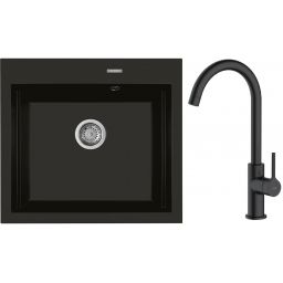 Zestaw Oltens Gravan zlewozmywak granitowy 1-komorowy 57x51,5 cm z baterią kuchenną Skafta czarny mat (72000300, 35206300)