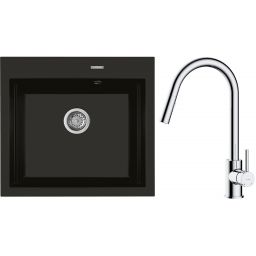 Zestaw Oltens Gravan zlewozmywak granitowy 1-komorowy 57x51,5 cm z baterią kuchenną Litla czarny mat/chrom (72000300, 35204100)