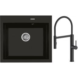 Zestaw Oltens Gravan zlewozmywak granitowy 1-komorowy 57x51,5 cm z baterią kuchenną Borga czarny mat (72000300, 35207300)