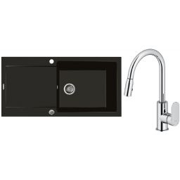 Zestaw Oltens Gravan zlewozmywak granitowy 1-komorowy 100x50 cm z baterią kuchenną Lista czarny mat/chrom (72101300, 35202100)