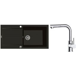 Zestaw Oltens Gravan zlewozmywak granitowy 1-komorowy 100x50 cm z baterią kuchenną Myvat czarny mat/chrom (72101300, 35205100)