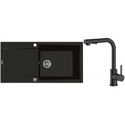 Zestaw Oltens Gravan zlewozmywak granitowy 1-komorowy 100x50 cm z baterią kuchenną Myvat czarny mat (72101300, 35205300)