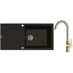 Zestaw Oltens Gravan zlewozmywak granitowy 1-komorowy 100x50 cm z baterią kuchenną Skafta czarny mat/złoty połysk (72101300, 35206800)
