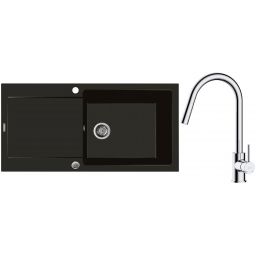 Zestaw Oltens Gravan zlewozmywak granitowy 1-komorowy 100x50 cm z baterią kuchenną Litla czarny mat/chrom (72101300, 35204100)