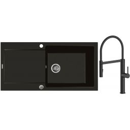 Zestaw Oltens Gravan zlewozmywak granitowy 1-komorowy 100x50 cm z baterią kuchenną Borga czarny mat (72101300, 35207300)