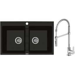 Zestaw Oltens Gravan zlewozmywak granitowy 2-komorowy 78x50 cm z baterią kuchenną Duf czarny mat/chrom (72400300, 35203100)