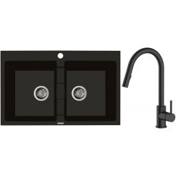 Zestaw Oltens Gravan zlewozmywak granitowy 2-komorowy 78x50 cm z baterią kuchenną Litla czarny mat (72400300, 35204300)