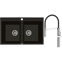 Zestaw Oltens Gravan zlewozmywak granitowy 2-komorowy 78x50 cm z baterią kuchenną Broga czarny mat/chrom (72400300, 35207100)
