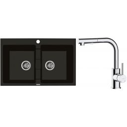Zestaw Oltens Gravan zlewozmywak granitowy 2-komorowy 78x50 cm z baterią kuchenną Myvat czarny mat/chrom (72400300, 35205100)