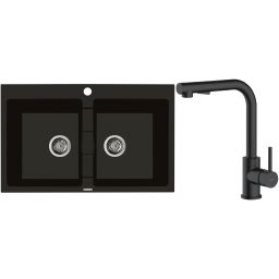 Zestaw Oltens Gravan zlewozmywak granitowy 2-komorowy 78x50 cm z baterią kuchenną Myvat czarny mat (72400300, 35205300)