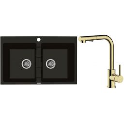 Zestaw Oltens Gravan zlewozmywak granitowy 2-komorowy 78x50 cm z baterią kuchenną Myvat czarny mat/złoty połysk (72400300, 35205800)