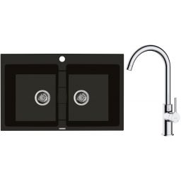 Zestaw Oltens Gravan zlewozmywak granitowy 2-komorowy 78x50 cm z baterią kuchenną Skafta czarny mat/chrom (72400300, 35206100)