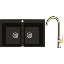 Zestaw Oltens Gravan zlewozmywak granitowy 2-komorowy 78x50 cm z baterią kuchenną Skafta czarny mat/złoty połysk (72400300, 35206800)