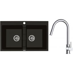 Zestaw Oltens Gravan zlewozmywak granitowy 2-komorowy 78x50 cm z baterią kuchenną Litla czarny mat/chrom (72400300, 35204100)