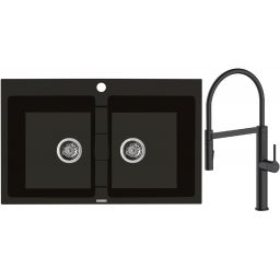 Zestaw Oltens Gravan zlewozmywak granitowy 2-komorowy 78x50 cm z baterią kuchenną Borga czarny mat (72400300, 35207300)