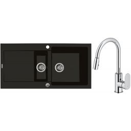 Zestaw Oltens Gravan zlewozmywak granitowy 1,5-komorowy 100x50 cm z baterią kuchenną Lista czarny mat/chrom (72300300, 35202100)