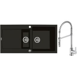 Zestaw Oltens Gravan zlewozmywak granitowy 1,5-komorowy 100x50 cm z baterią kuchenną Duf czarny mat/chrom (72300300, 35203100)