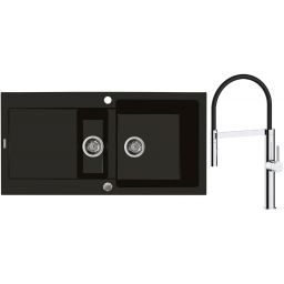 Zestaw Oltens Gravan zlewozmywak granitowy 1,5-komorowy 100x50 cm z baterią kuchenną Broga czarny mat/chrom (72300300, 35207100)