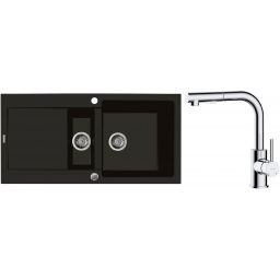 Zestaw Oltens Gravan zlewozmywak granitowy 1,5-komorowy 100x50 cm z baterią kuchenną Myvat czarny mat/chrom (72300300, 35205100)