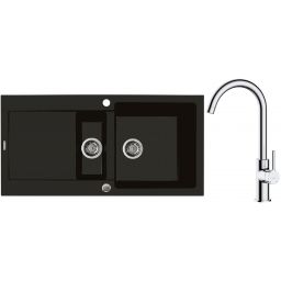 Zestaw Oltens Gravan zlewozmywak granitowy 1,5-komorowy 100x50 cm z baterią kuchenną Skafta czarny mat/chrom (72300300, 35206100)