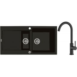 Zestaw Oltens Gravan zlewozmywak granitowy 1,5-komorowy 100x50 cm z baterią kuchenną Skafta czarny mat (72300300, 35206300)