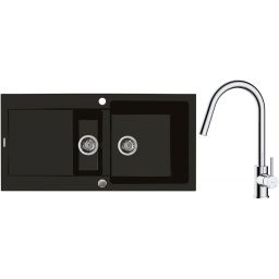 Zestaw Oltens Gravan zlewozmywak granitowy 1,5-komorowy 100x50 cm z baterią kuchenną Litla czarny mat/chrom (72300300, 35204100)