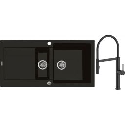 Zestaw Oltens Gravan zlewozmywak granitowy 1,5-komorowy 100x50 cm z baterią kuchenną Borga czarny mat (72300300, 35207300)