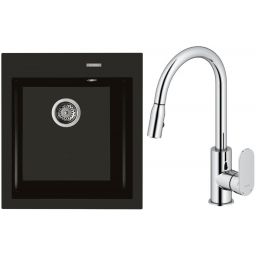 Zestaw Oltens Gravan zlewozmywak granitowy 1-komorowy 47x51,5 cm z baterią kuchenną Lista czarny mat/chrom (72001300, 35202100)