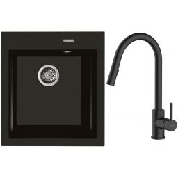 Zestaw Oltens Gravan zlewozmywak granitowy 1-komorowy 47x51,5 cm z baterią kuchenną Litla czarny mat (72001300, 35204300)