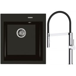 Zestaw Oltens Gravan zlewozmywak granitowy 1-komorowy 47x51,5 cm z baterią kuchenną Broga czarny mat/chrom (72001300, 35207100)