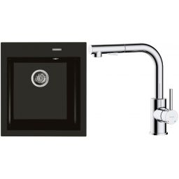 Zestaw Oltens Gravan zlewozmywak granitowy 1-komorowy 47x51,5 cm z baterią kuchenną Myvat czarny mat/chrom (72001300, 35205100)