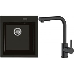 Zestaw Oltens Gravan zlewozmywak granitowy 1-komorowy 47x51,5 cm z baterią kuchenną Myvat czarny mat (72001300, 35205300)