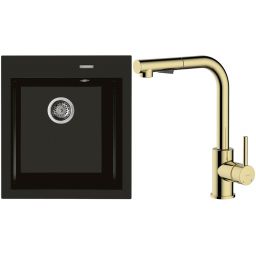 Zestaw Oltens Gravan zlewozmywak granitowy 1-komorowy 47x51,5 cm z baterią kuchenną Myvat czarny mat/złoty połysk (72001300, 35205800)