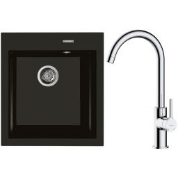 Zestaw Oltens Gravan zlewozmywak granitowy 1-komorowy 47x51,5 cm z baterią kuchenną Skafta czarny mat/chrom (72001300, 35206100)