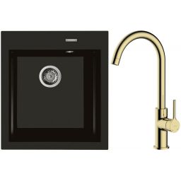 Zestaw Oltens Gravan zlewozmywak granitowy 1-komorowy 47x51,5 cm z baterią kuchenną Skafta czarny mat/złoty połysk (72001300, 35206800)